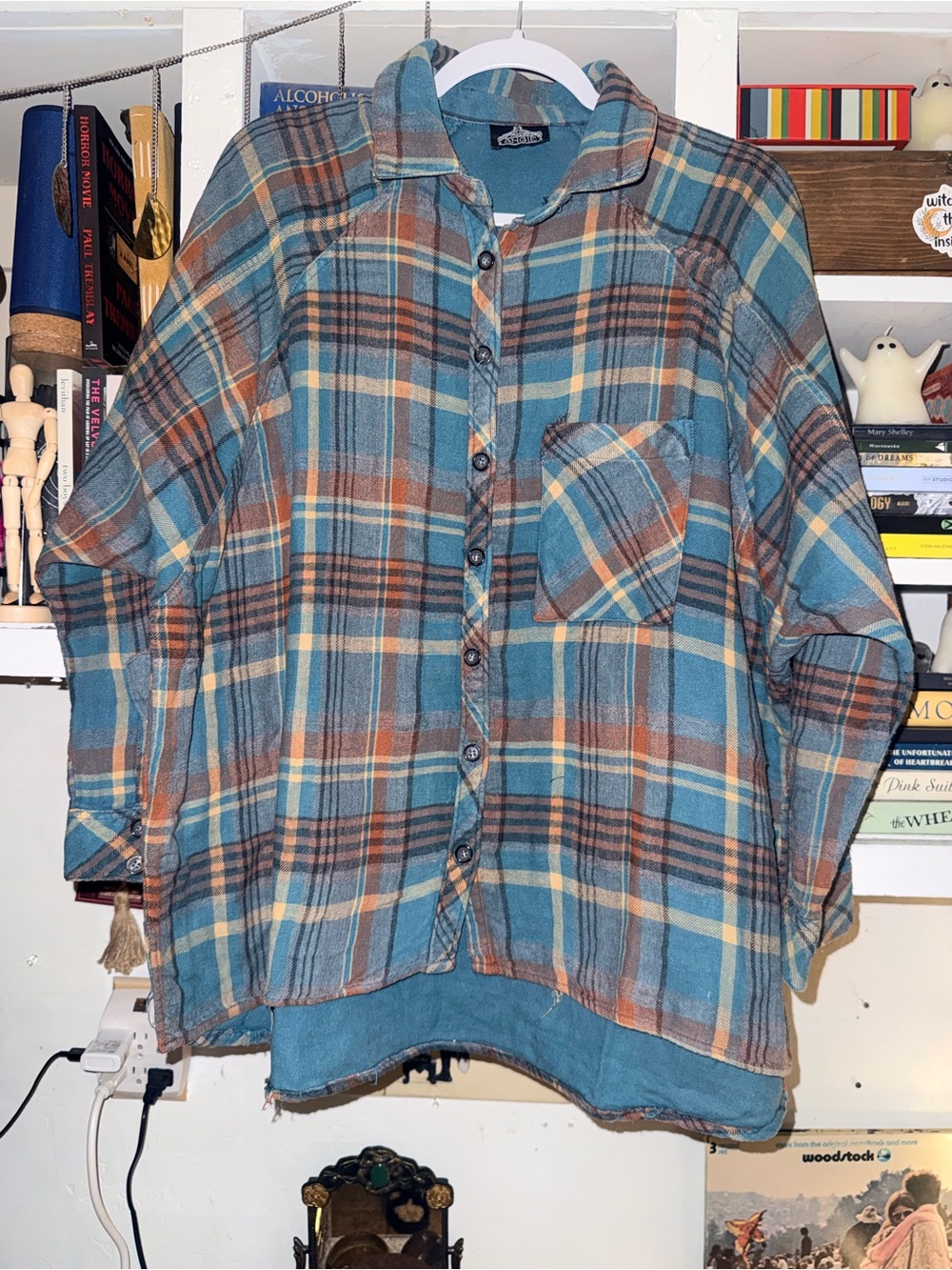 Angie Blue Plaid Button-Down Shirt with Brown and Cream Accents